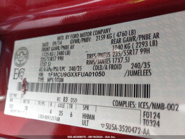 1FMCU9GXXFUA01050 Ford ESCAPE SE