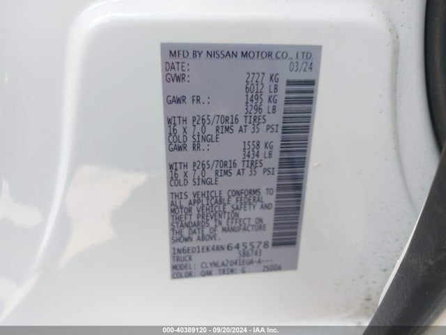 1N6ED1EK4RN645578 Nissan Frontier S 4x4