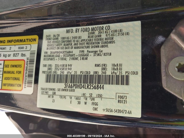 Ford FUSION SE 2020 3FA6P0HD4LR256844 Image 8