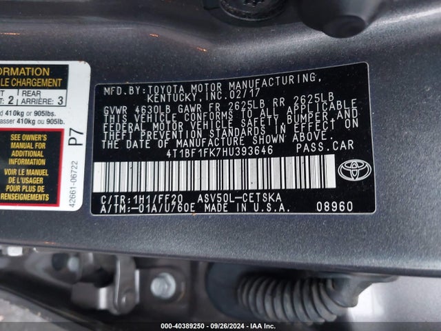 Toyota CAMRY SE 2017 4T1BF1FK7HU393646 Image 9