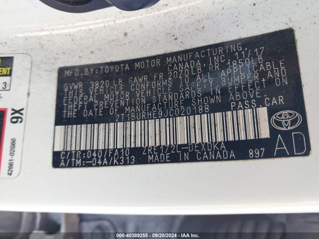 2T1BURHE9JC020188 Toyota COROLLA L