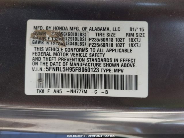 5FNRL5H95FB060123 Honda Odyssey Touring/touring Elite