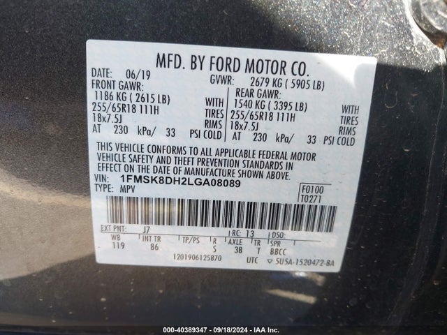 Ford EXPLORER XLT 2020 1FMSK8DH2LGA08089 Image 9