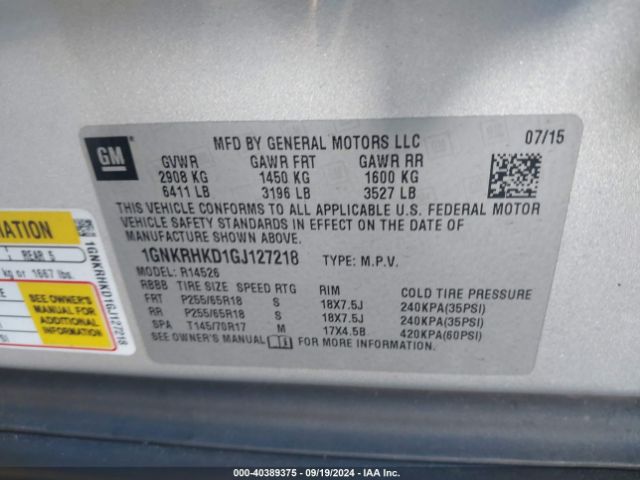 1GNKRHKD1GJ127218 Chevrolet Traverse 2lt