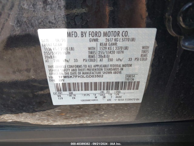 Ford Explorer Limited 2020 1FMSK7FH3LGD03502 Image 9