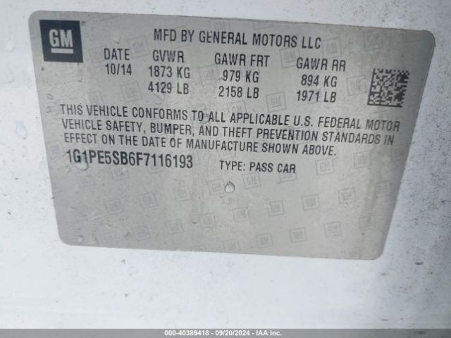 1G1PE5SB6F7116193 Chevrolet Cruze 2lt Auto