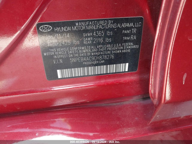 Hyundai SONATA GLS 2014 5NPEB4AC9EH878276 Image 9