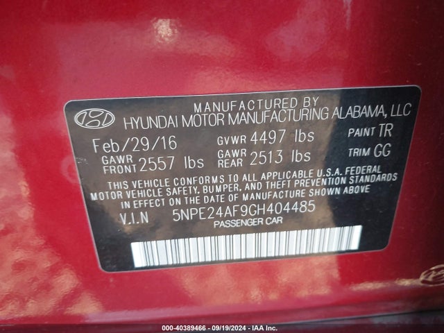 Hyundai Sonata 2016 5NPE24AF9GH404485 Image 9