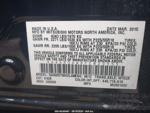 4A4AR3AW8FE029555 Mitsubishi Outlander Sport Es