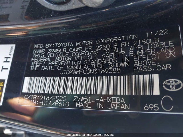 Toyota Prius Le 2022 JTDKAMFU0N3189388 Image 9