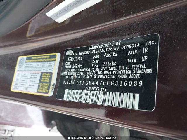 KIA Optima Lx 2014 5XXGM4A70EG316039 Image 9