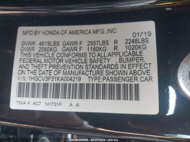 1HGCV3F51KA004219 Honda Accord Hybrid Ex-l