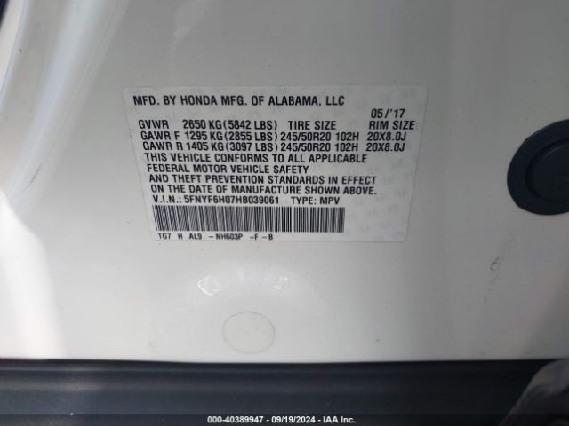 5FNYF6H07HB039061 Honda Pilot Elite