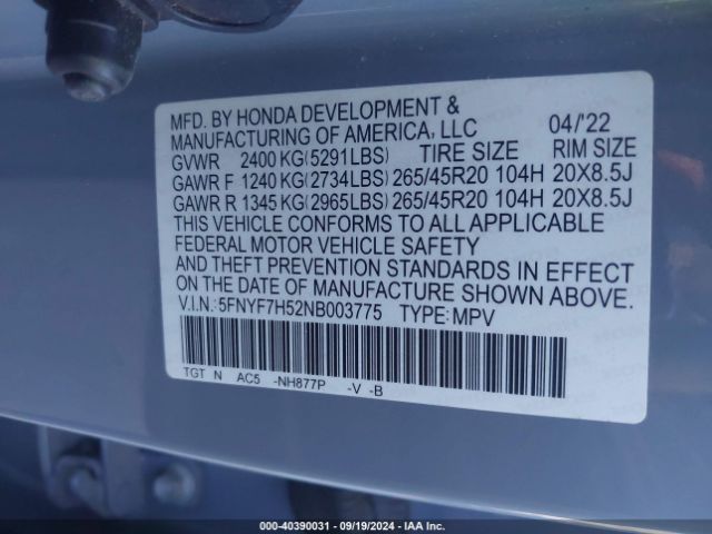 5FNYF7H52NB003775 Honda Passport 2wd Ex-l