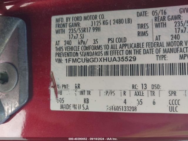 1FMCU9GDXHUA35529 Ford ESCAPE SE