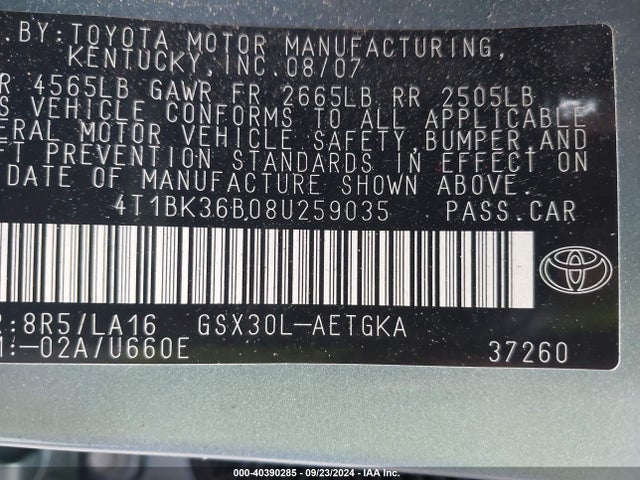 Aukcja sprzedaży 2008 Toyota Avalon Xls, vin: 4T1BK36B08U259035, numer aukcji: 40390285