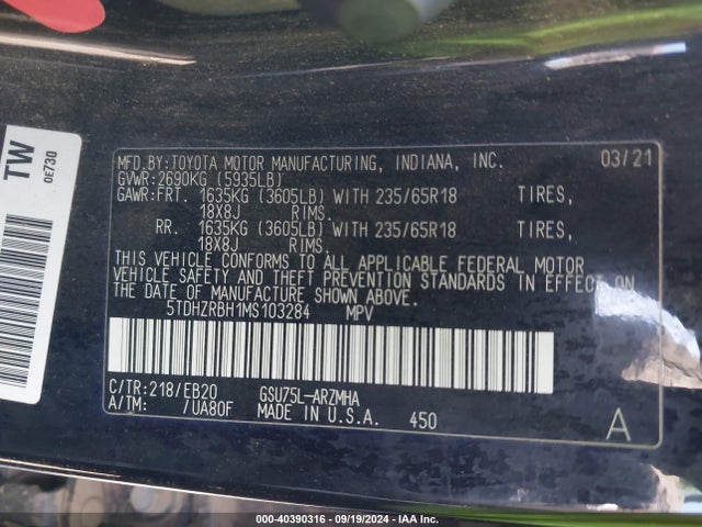 Toyota Highlander Xle 2021 5TDHZRBH1MS103284 Image 9