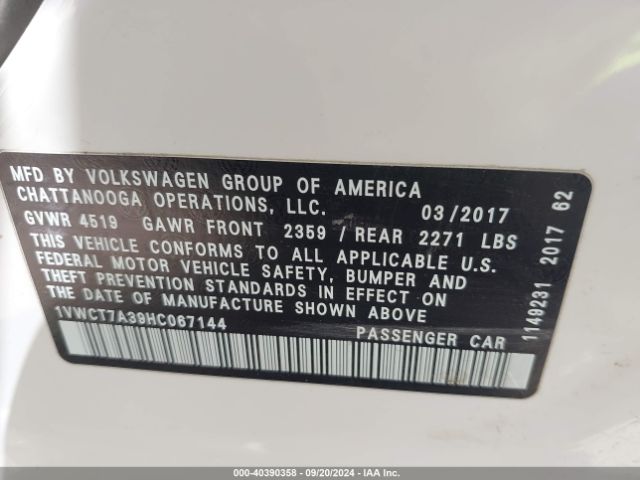 1VWCT7A39HC067144 Volkswagen Passat 1.8t Sel Premium