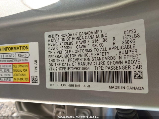 Honda Civic Ex /ex W/o Bsi 2023 2HGFE1F70PH310954 Image 9