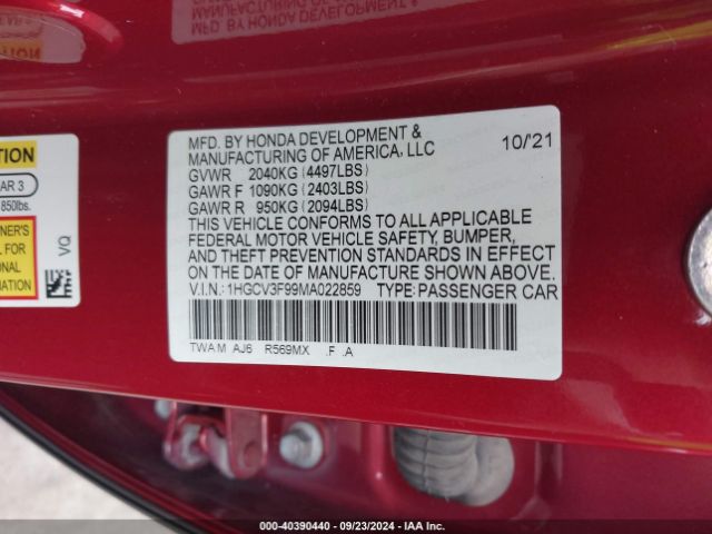 1HGCV3F99MA022859 Honda Accord Hybrid Touring