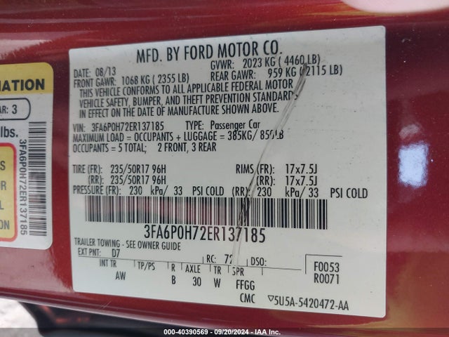 Ford FUSION SE 2014 3FA6P0H72ER137185 Image 9