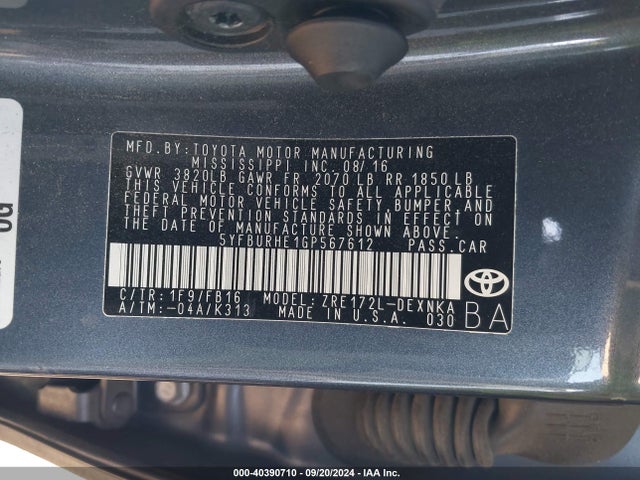 Toyota COROLLA LE 2016 5YFBURHE1GP567612 Image 9
