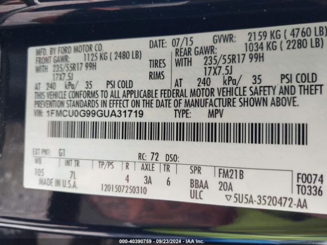 1FMCU0G99GUA31719 Ford ESCAPE SE