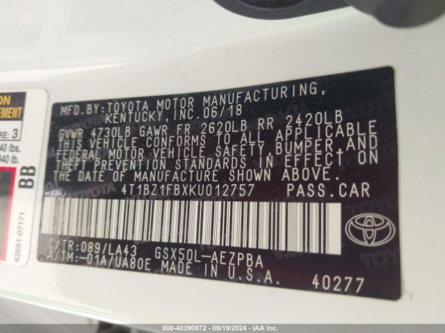 4T1BZ1FBXKU012757 Toyota AVALON LIMITED