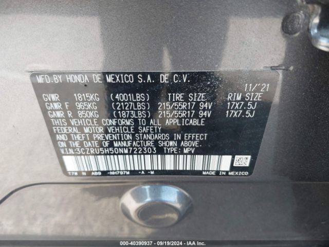 3CZRU5H50NM722303 Honda Hr-v 2wd Ex