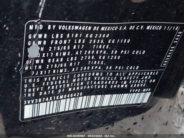 3VV3B7AX1KM046420 Volkswagen Tiguan 2.0t Se/2.0t Sel/2.0t Sel R-line/2.0t Sel R-line Black