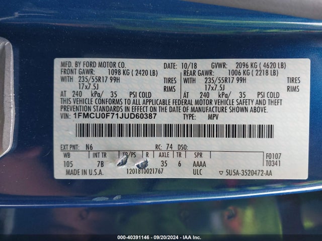Ford ESCAPE S 2018 1FMCU0F71JUD60387 Image 9