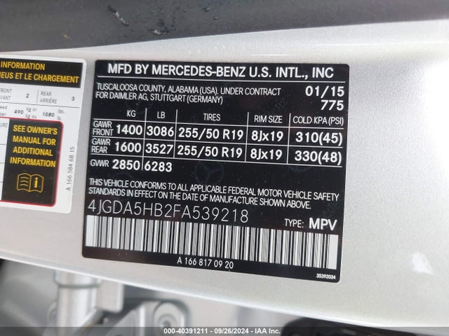 4JGDA5HB2FA539218 Mercedes-Benz Ml 350 4matic