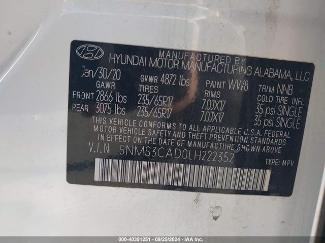 Hyundai Santa Fe Sel 2020 5NMS3CAD0LH222352 Image 9