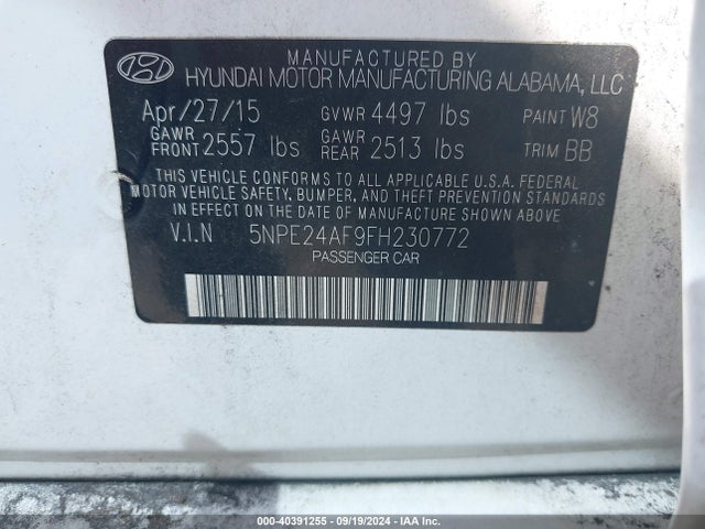 Hyundai SONATA SE 2015 5NPE24AF9FH230772 Image 9