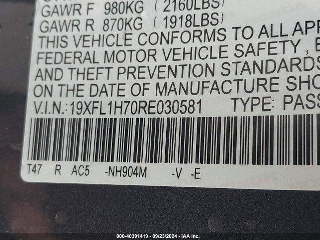 Honda Civic Ex-l 2024 19XFL1H70RE030581 Image 9