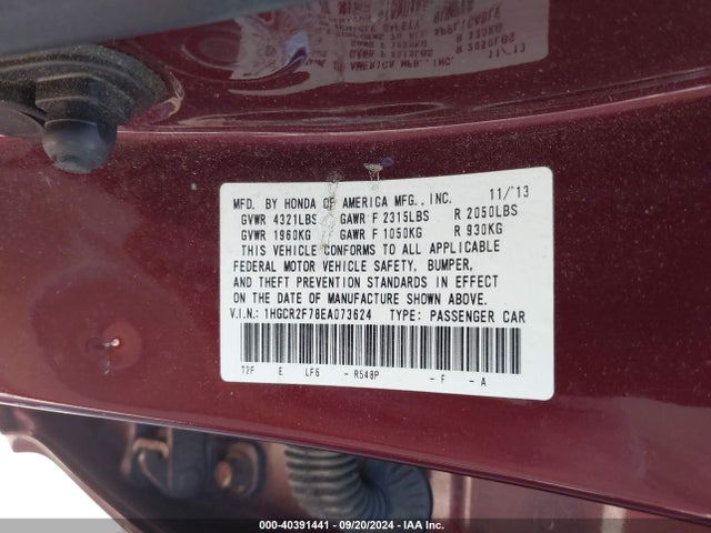 Honda ACCORD EX 2014 1HGCR2F78EA073624 Image 9
