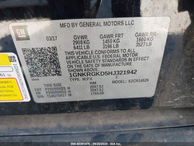 Chevrolet Traverse 1lt 2017 1GNKRGKD5HJ321942 Image 9