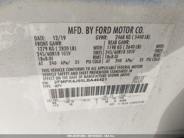Ford EDGE SEL 2020 2FMPK4J95LBA46421 Image 9