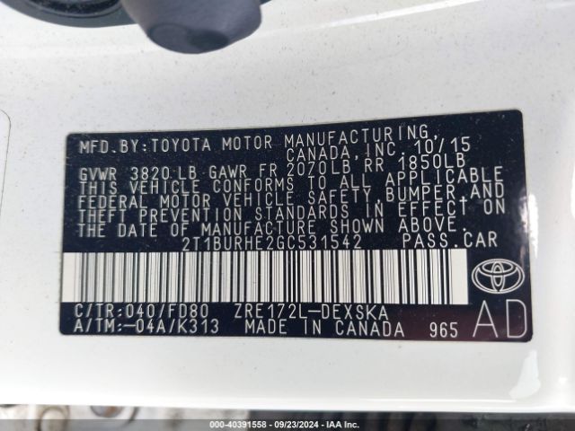 2T1BURHE2GC531542 Toyota Corolla S Plus