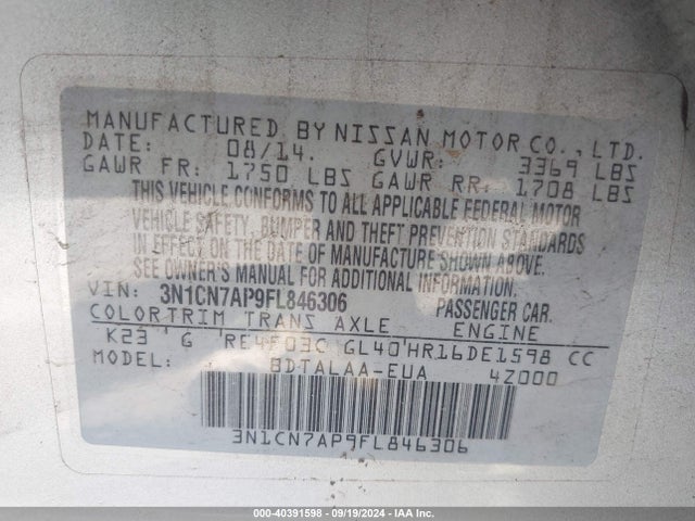 Nissan Versa 1.6 S 2015 3N1CN7AP9FL846306 Image 9
