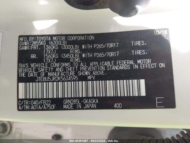 Toyota 4RUNNER SR5 2019 JTEBU5JR2K5634595 Image 9