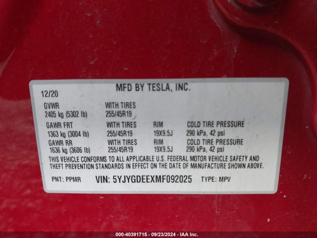 2021 TESLA MODEL Y 5YJYGDEEXMF092025 Photo 8