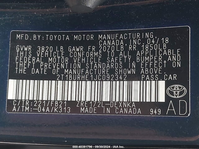 Toyota COROLLA LE 2018 2T1BURHE1JC092342 Image 9