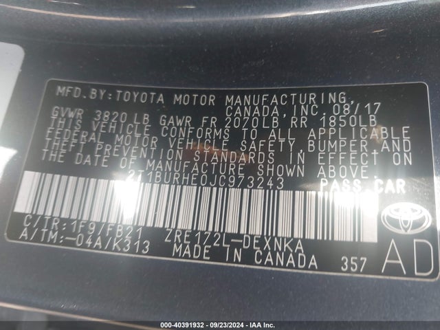 Toyota COROLLA LE 2018 2T1BURHE0JC973243 Image 9