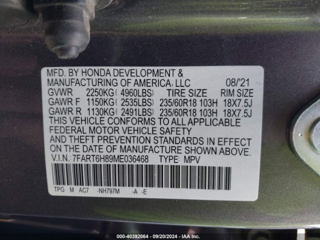 7FART6H89ME036468 Honda Cr-v Hybrid Ex-l