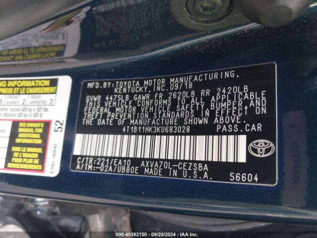 4T1B11HK3KU683028 Toyota CAMRY SE