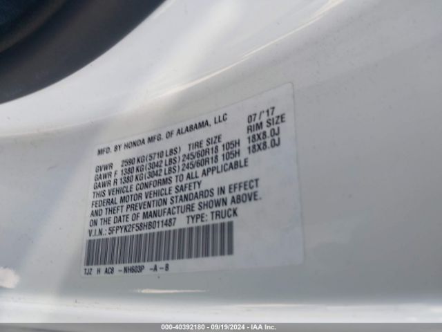 5FPYK2F58HB011487 Honda Ridgeline Rtl