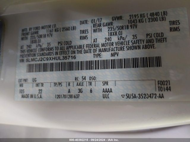 5LMCJ2C9XHUL35716 Lincoln MKC SELECT