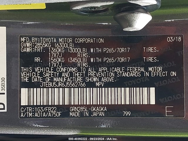 Toyota 4RUNNER SR5 2018 JTEBU5JR6J5562766 Image 9