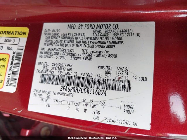 Ford FUSION SE 2016 3FA6P0H70GR116824 Image 9